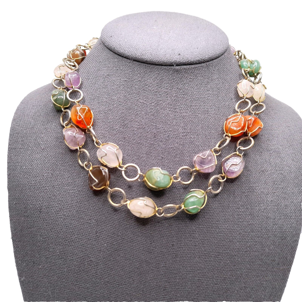 Vintage Multi Gemstone Wire Wrapped Necklace 34 Inch Quartz Amethyst